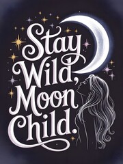 Mystical t-shirt design featuring the quote Stay wild, moon child in hand-drawn script, with moon and stars doodles