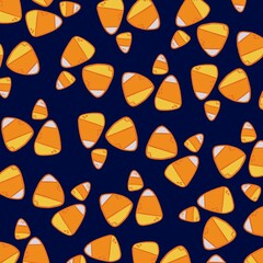 Festive Halloween candy corn pattern illustration on a dark blue background