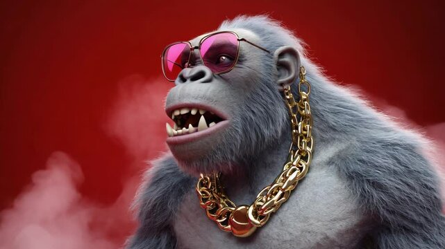 Stylish ape in sunglasses and gold chain against a vibrant background