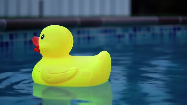 Rubber duck floating in swimming pool sunny day exterior