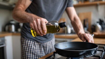 A man pours vegetable oil from a glass bottle into a black frying pan on a gas stove. Cooking begins.