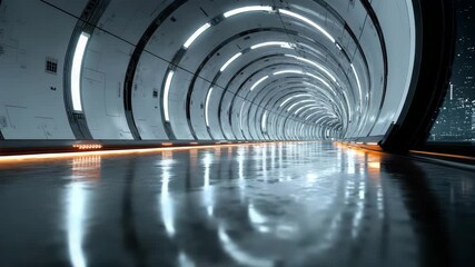 Moving forward through a futuristic sci-fi tunnel with glowing lights. Vertical animation of a modern corridor with a reflective floor overlooking a night city - Powered by Adobe