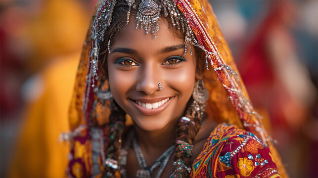 Portrait of a beautiful young Indian woman with a captivating smile, dressed in colorful traditional attire and ornate jewelry, celebrating the rich heritage at the Marwar Festival, India