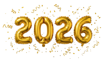 Golden 2026 balloons with confetti isolated on transparent background