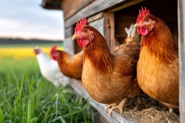 Fototapeta premium Free range hens standing at chicken coop entrance
