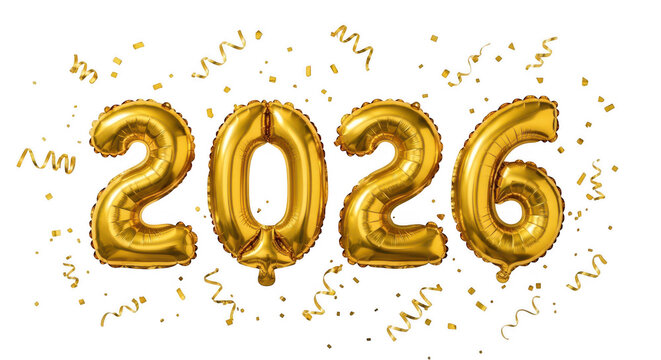 Golden 2026 balloons with confetti isolated on transparent background