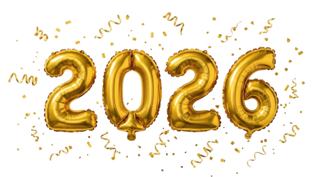 Golden 2026 balloons with confetti isolated on transparent background