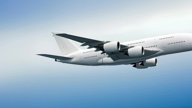 White passenger airplane Airbus A380 flying above the clouds in a blue sky background. Corner view low angle. Double decker jumbo jet aircraft with four engine. Modern passenger jet airplane.