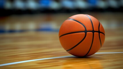 Obraz premium Orange Basketball on Court Floor Surrounded by Blurred Background Ready for Action and Play