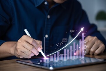 Close up of a person using a stylus on a tablet displaying a glowing 3d bar graph with an upward trend line indicating financial growth and success