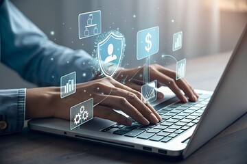 Close up of hands typing on a laptop with glowing digital interface icons floating above the keyboard representing data analytics and technology innovation