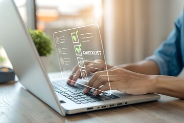 Close up of a person s hands typing on a laptop keyboard with a digital overlay of code and data visualizations representing technology and online work