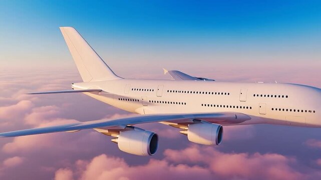 White passenger airplane Airbus A380 flying above the clouds in a blue sky background. Corner view high angle. Double decker jumbo jet aircraft with four engine. Modern passenger jet airplane.