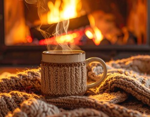 Cozy Mug by Fireplace with Warm Blanket.