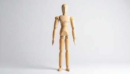 Wooden artist mannequin standing upright against plain white background