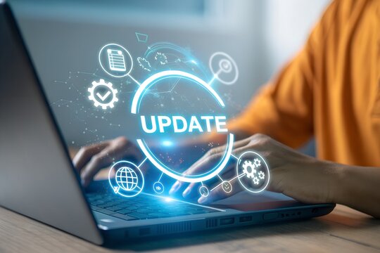 Person using a laptop with a glowing digital interface displaying the word update and various technology icons representing progress and system improvements