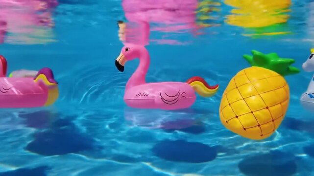 Colorful pool floats floating in clear water on a sunny day