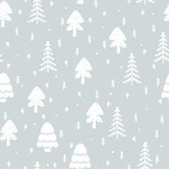 Grey and white winter forest Scandinavian seamless pattern. Vector white and silver New Year print, cute Christmas tree background, spruce fir tree texture for paper, fabric, season decor, textile.