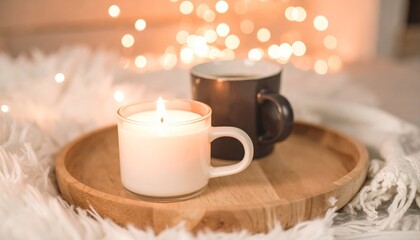 Cozy Candlelight and Coffee on Wooden Tray.