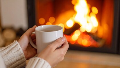 Cozy evening by the fireplace with a warm drink.