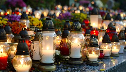 Many glowing candles on a grave
