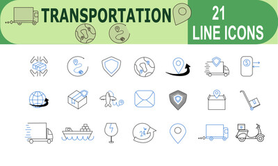 Line style icon set representing transportation and delivery concepts. Vector illustrations