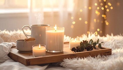 Cozy Candlelit Evening with Warm Drink and Soft Blanket.