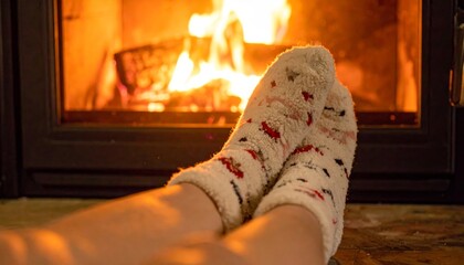 Cozy Feet in Warm Socks by the Fireplace.
