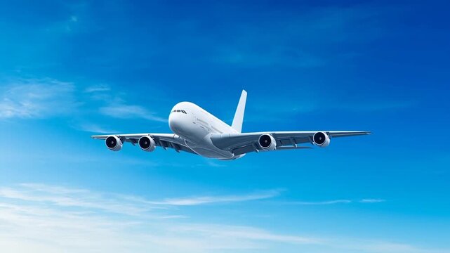 White passenger airplane Airbus A380 flying above the clouds in a blue sky background. Low angle corner view. Double decker jumbo jet aircraft with four engine. Modern passenger jet airplane.