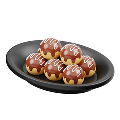 Six golden brown Takoyaki balls topped with rich chocolate sauce and white drizzles on a black oval plate studio shot with transparent background