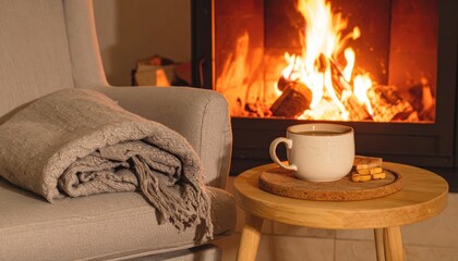 Cozy Fireplace Scene with Coffee and Blanket.