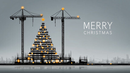 crane on construction site stacking concrete blocks, shape of Christmas tree, Christmas theme in construction industry. Christmas tree, decorated with construction lights. Merry Christmas. Poster, ban