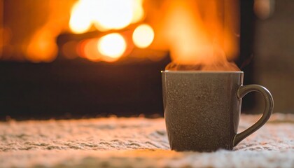 Steaming Mug by Warm Fireplace.