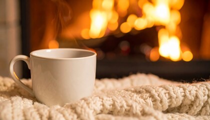 Cozy Winter Evening with Warm Drink by Fireplace.