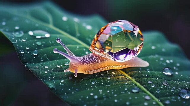 Colorful snail with crystal shell on leaf in nature setting