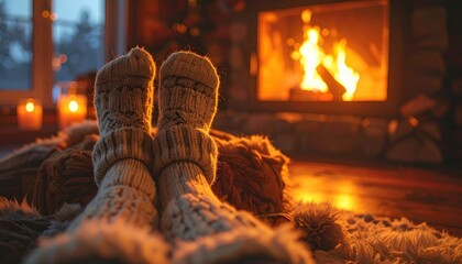 Cozy Evening by the Fireplace with Knitted Socks.