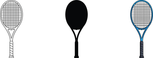 Three tennis racket icons showing different styles and fill types for sports and recreation concepts vector