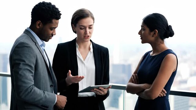 A man in a suit and a woman with a tablet converse while another woman listens. The man and woman discuss business strategies with the woman holding the tablet.