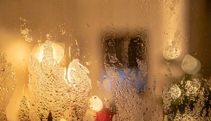Abstract golden light reflections on a wet window pane.