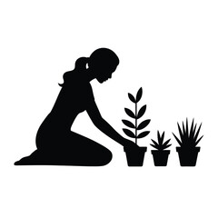 Silhouette of woman gardening with potted plants scalable vector illustration for graphic design projects silhouette vector illustration white background