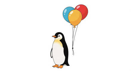 A happy cartoon penguin holds a cheerful cluster of red, yellow, and blue balloons, a delightful vector for birthdays, parties, and events.