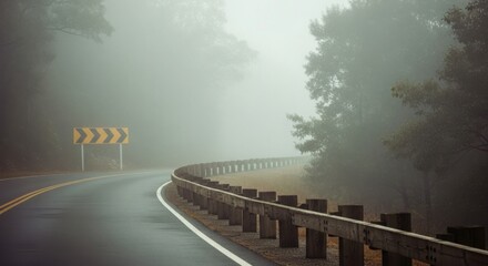 Misty mountain road winding through dense foggy forest with guardrail