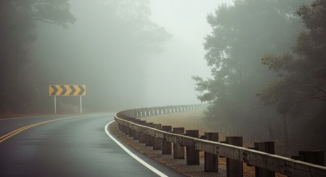 Misty mountain road winding through dense foggy forest with guardrail
