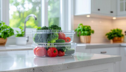 Colorful food storage containers filled with fresh vegetables perfect for meal prep and kitchen organization. 