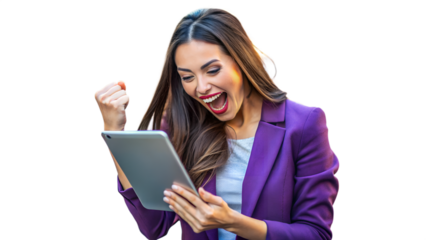 Excited woman in a purple blazer looking at a tablet and celebrating, isolated on transparent background