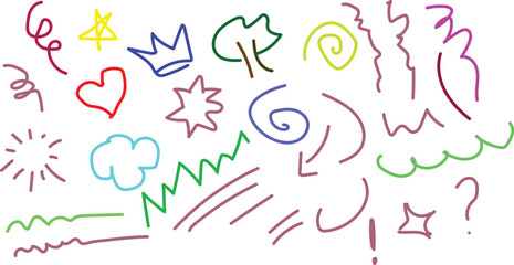 Colorful hand drawn doodles including a heart crown star cloud tree and question mark on a white background