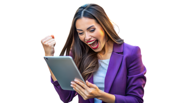 Excited woman in a purple blazer looking at a tablet and celebrating, isolated on transparent background