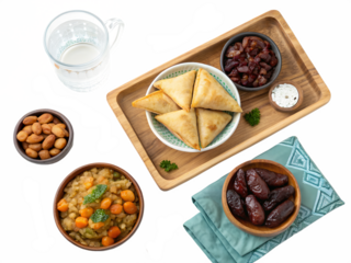 Overhead view of a delicious assortment of middle eastern snacks and sweets arranged on a dark surface isolated on transparent background