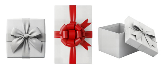 Gift boxes with ribbon bows set, red ribbon present and open lid box, gift box present packaging, Isolated on transparent background, png