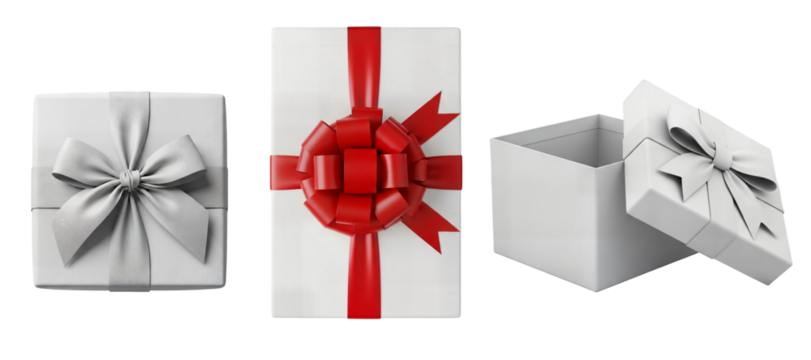 Gift boxes with ribbon bows set, red ribbon present and open lid box, gift box present packaging, Isolated on transparent background, png